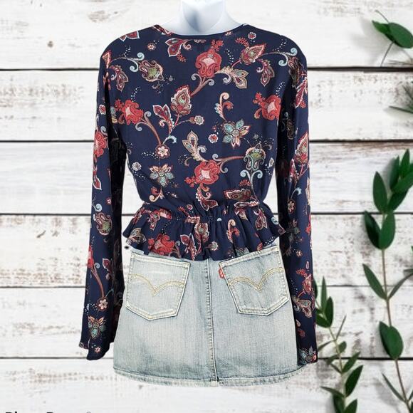 Gypsies & Moondust Blue / Pink Ruched-Front Floral Top Blouse XS - Picture 3 of 5